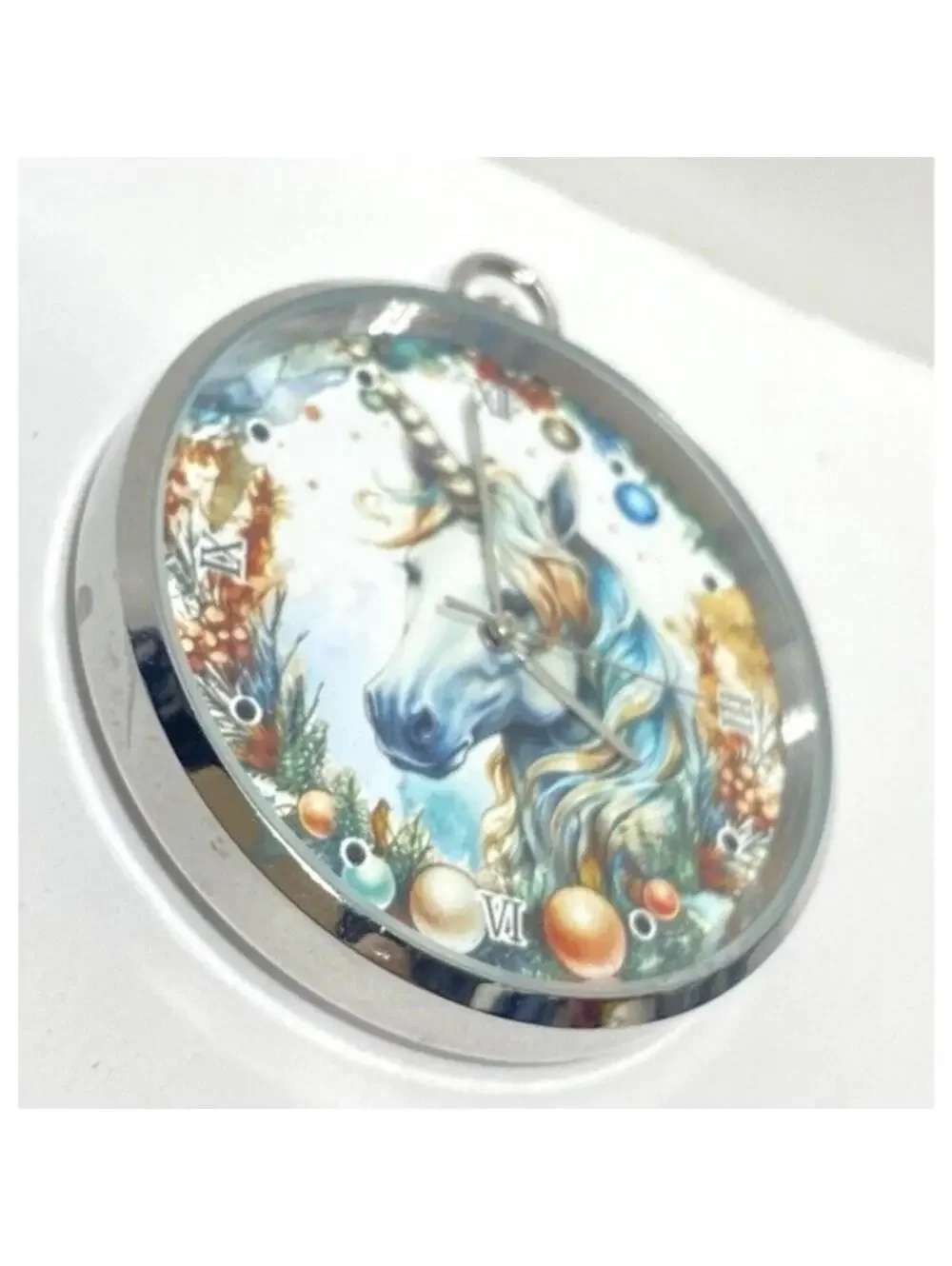 Horse Pocket Watch Clock Circular Majestic Pony Fairytale Handheld Watch, White